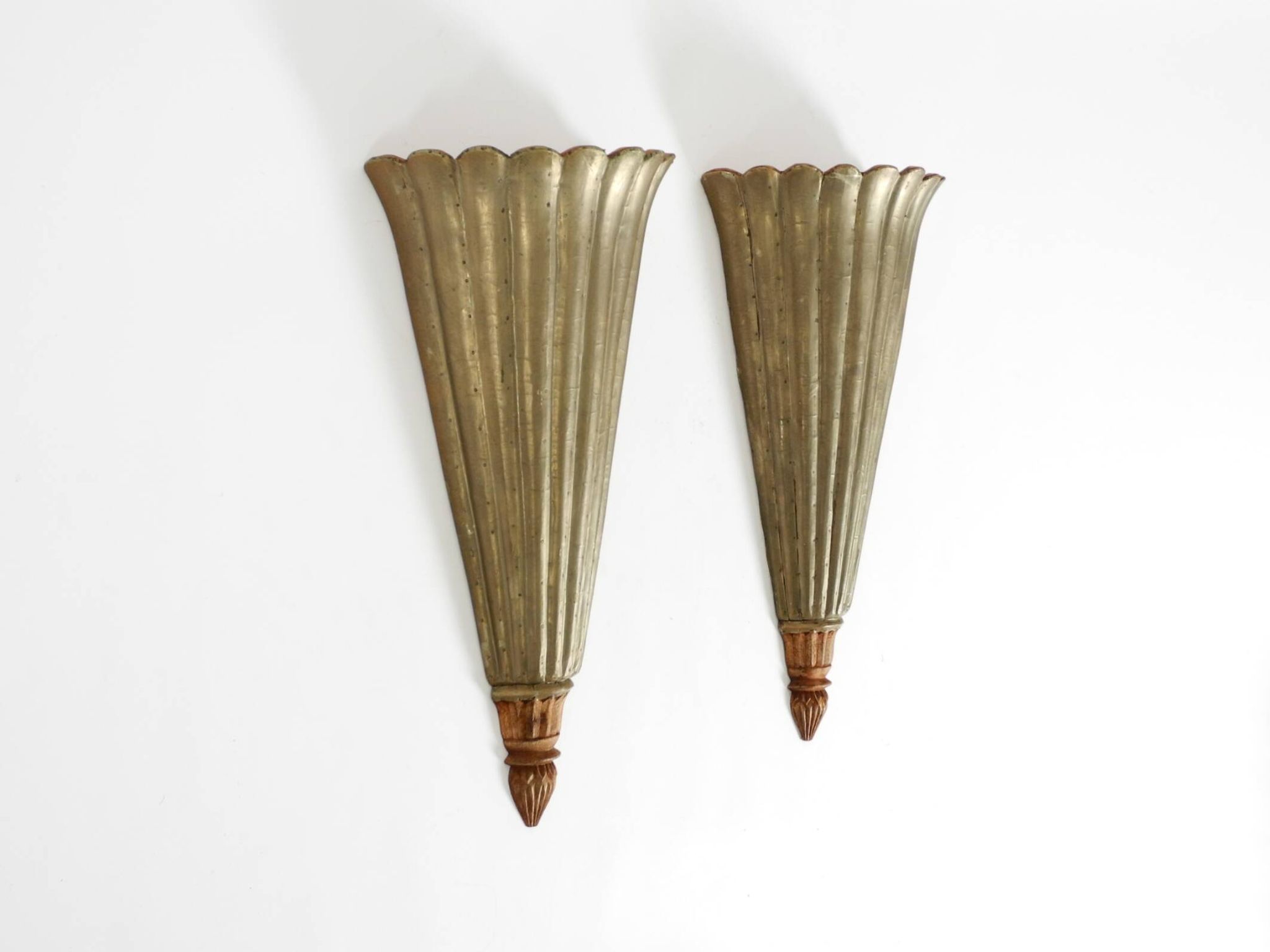 Two large, rare 1950s wall lamps made of wood with aluminum cladding