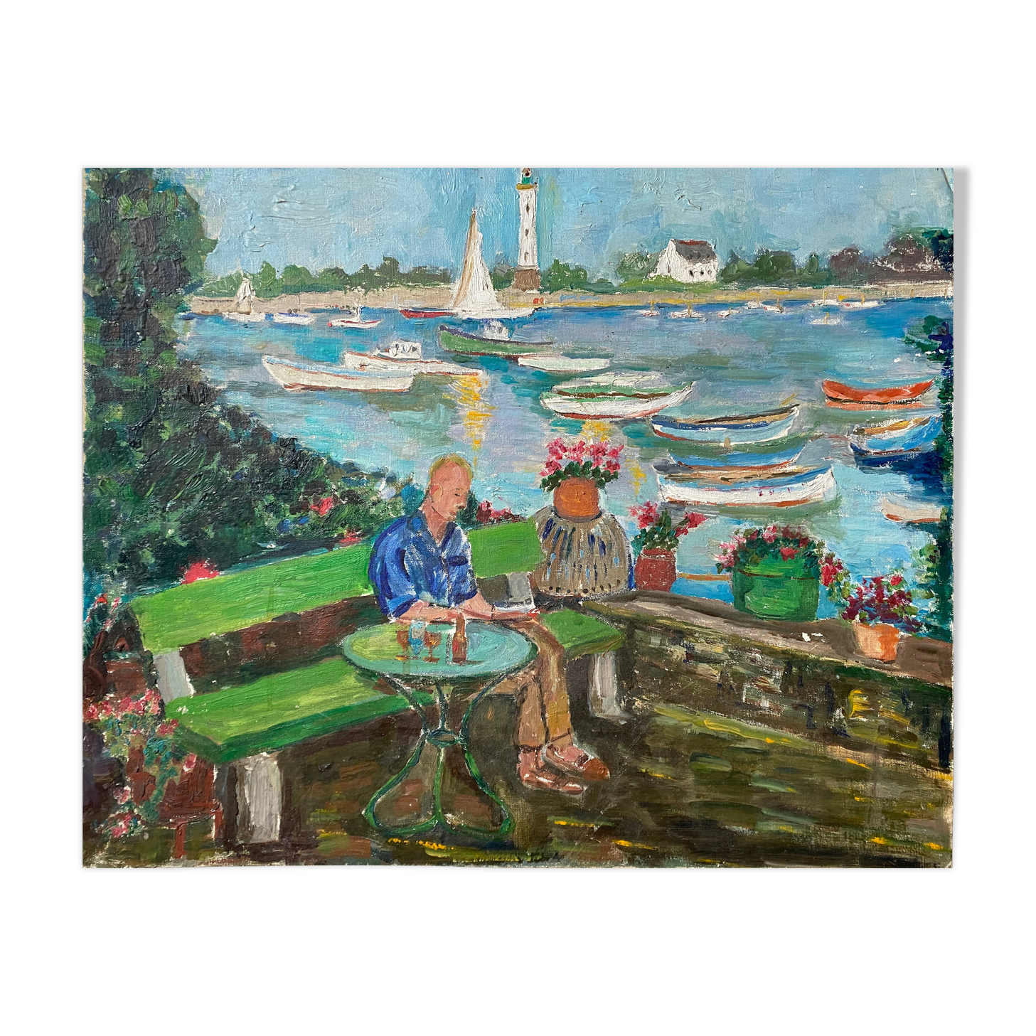 Animated marine painting "terrace by the sea" sailboats lighthouse hst/p