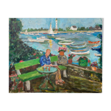 Animated marine painting "terrace by the sea" sailboats lighthouse hst/p