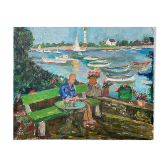 Tableau marine animée "terrasse en bord de mer" voiliers phare hst/p