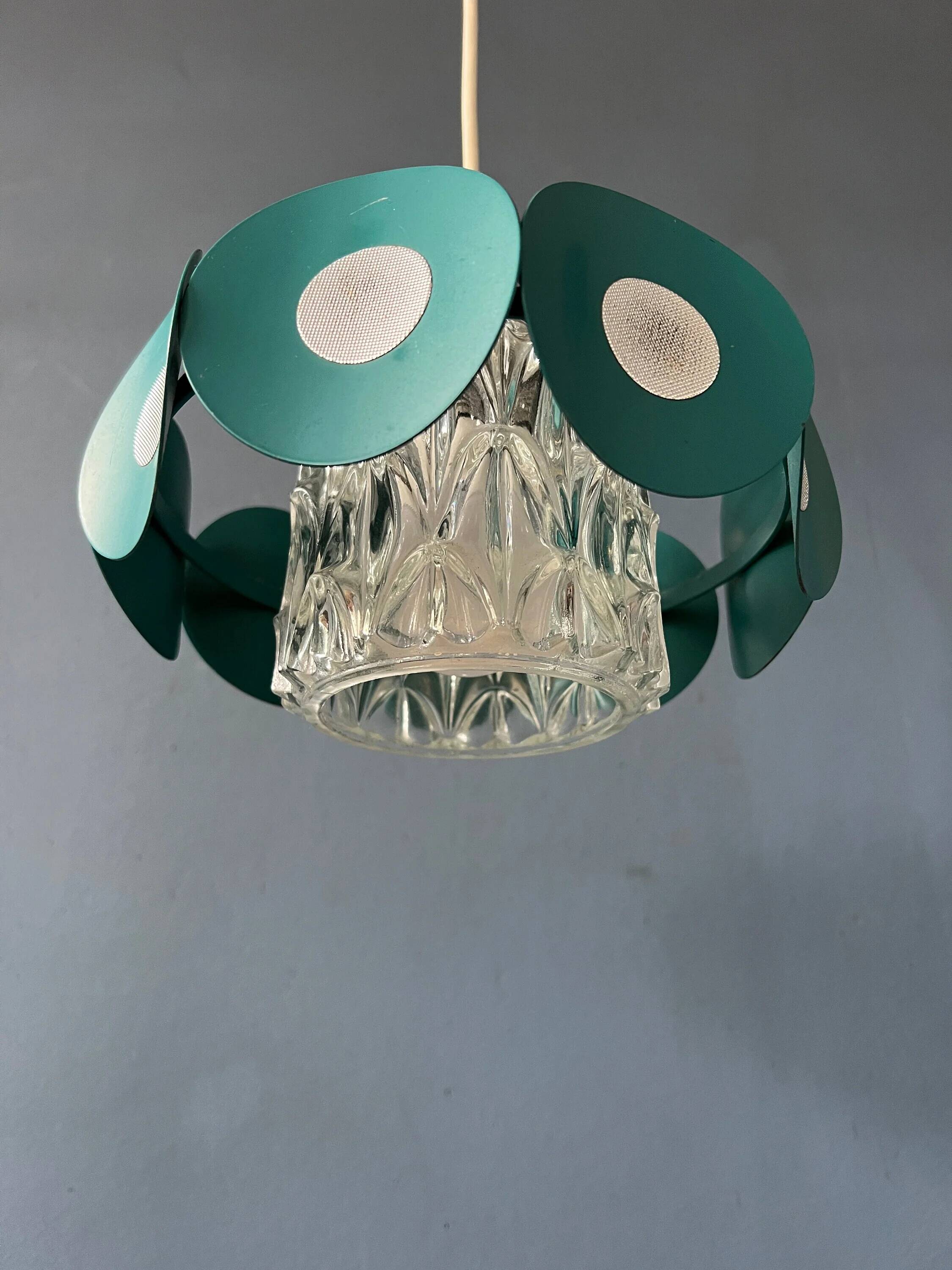 Suspension Space Age with glass shade and green/blue metal structure.