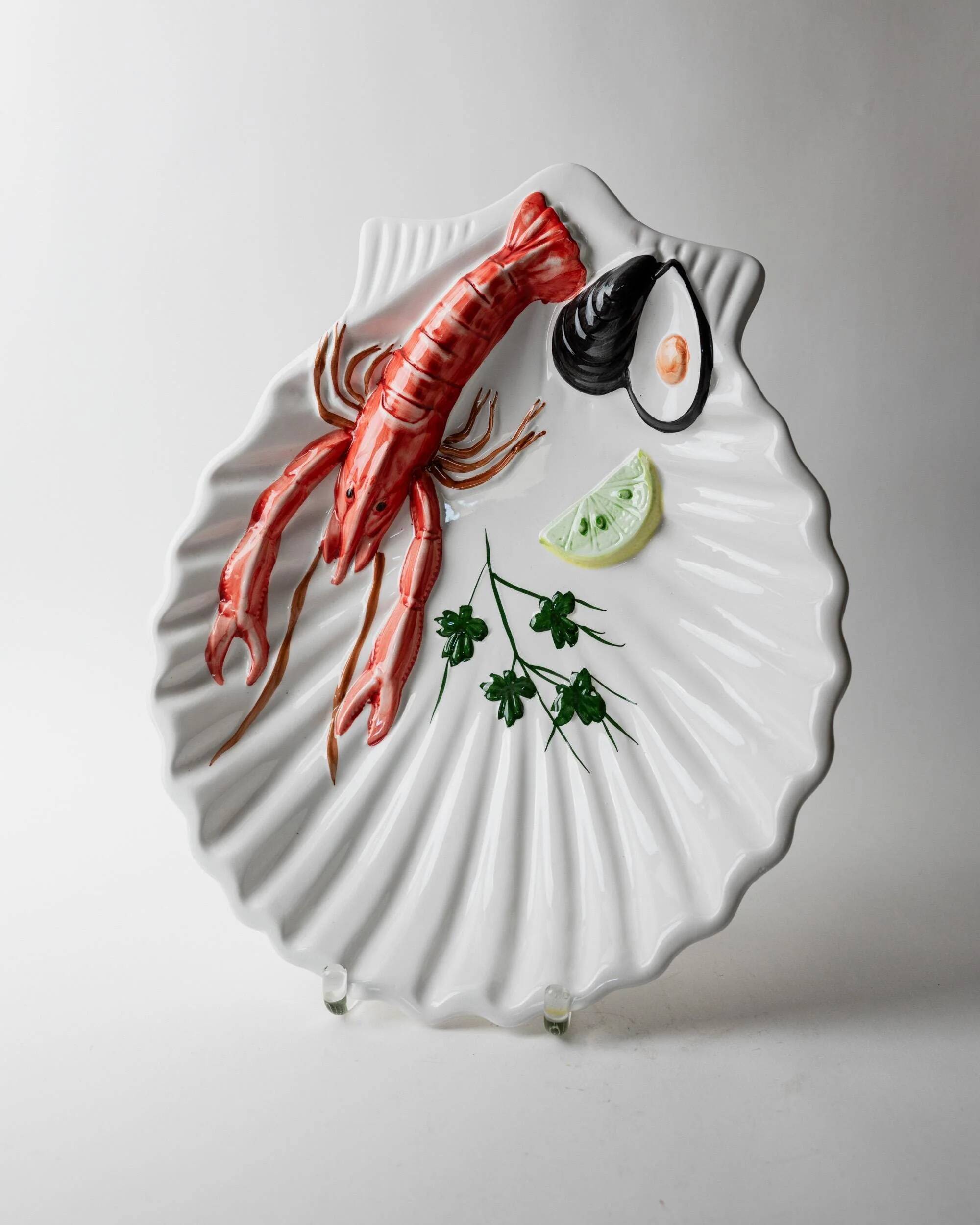 Vintage ceramic serving dish from the 1980s, hand-painted lobster design.