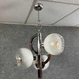 Vintage chandelier in chromed metal and wood with 3 Murano glass globes