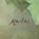 Porcelain dish of LIMOGES decoration of pink DAHLIA signed MARTIAL