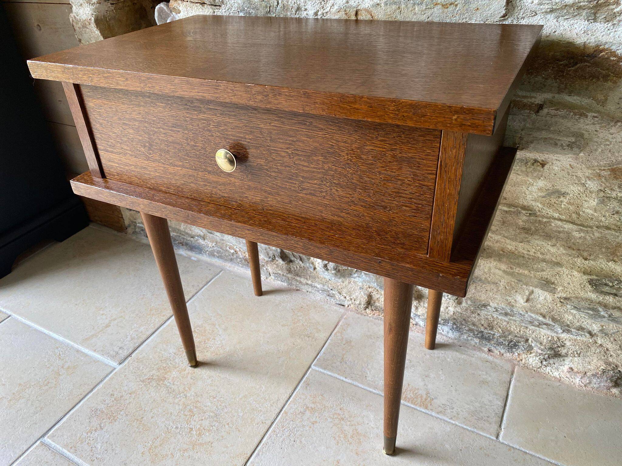 60s bedside table varnished wood compass feet