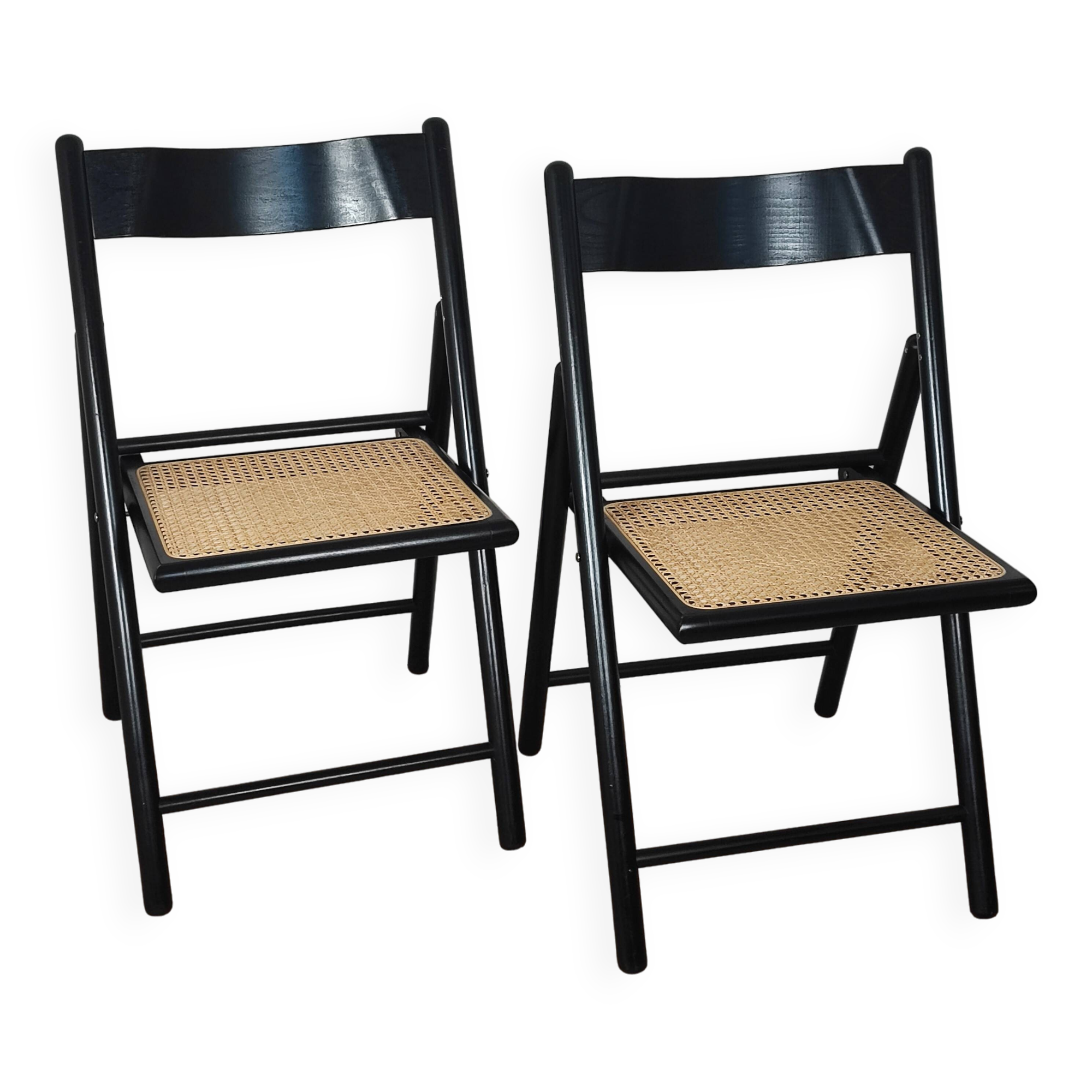 Pair of wooden and rattan folding chairs
