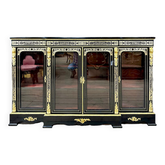 Large Sideboard Or Low Bookcase In Boulle Marquetry, Blackened Wood, Napoleon III Period
