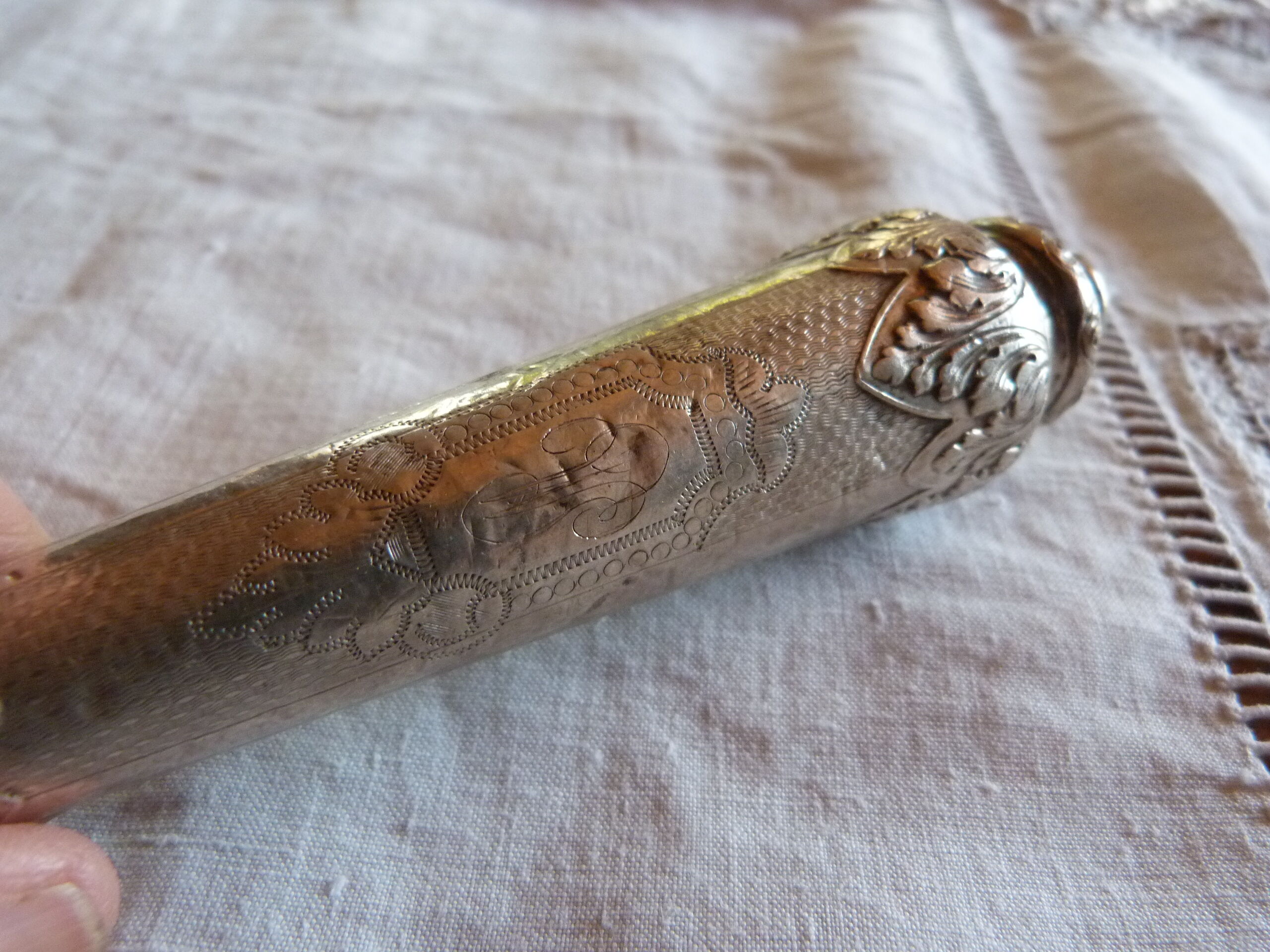Old meat knife nineteenth century handle silver filled chiseled punch