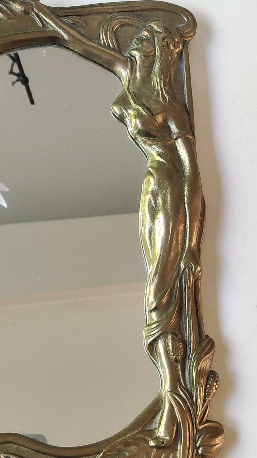 Brass table mirror, art nouveau, lady figurine/foliage, wheat ears