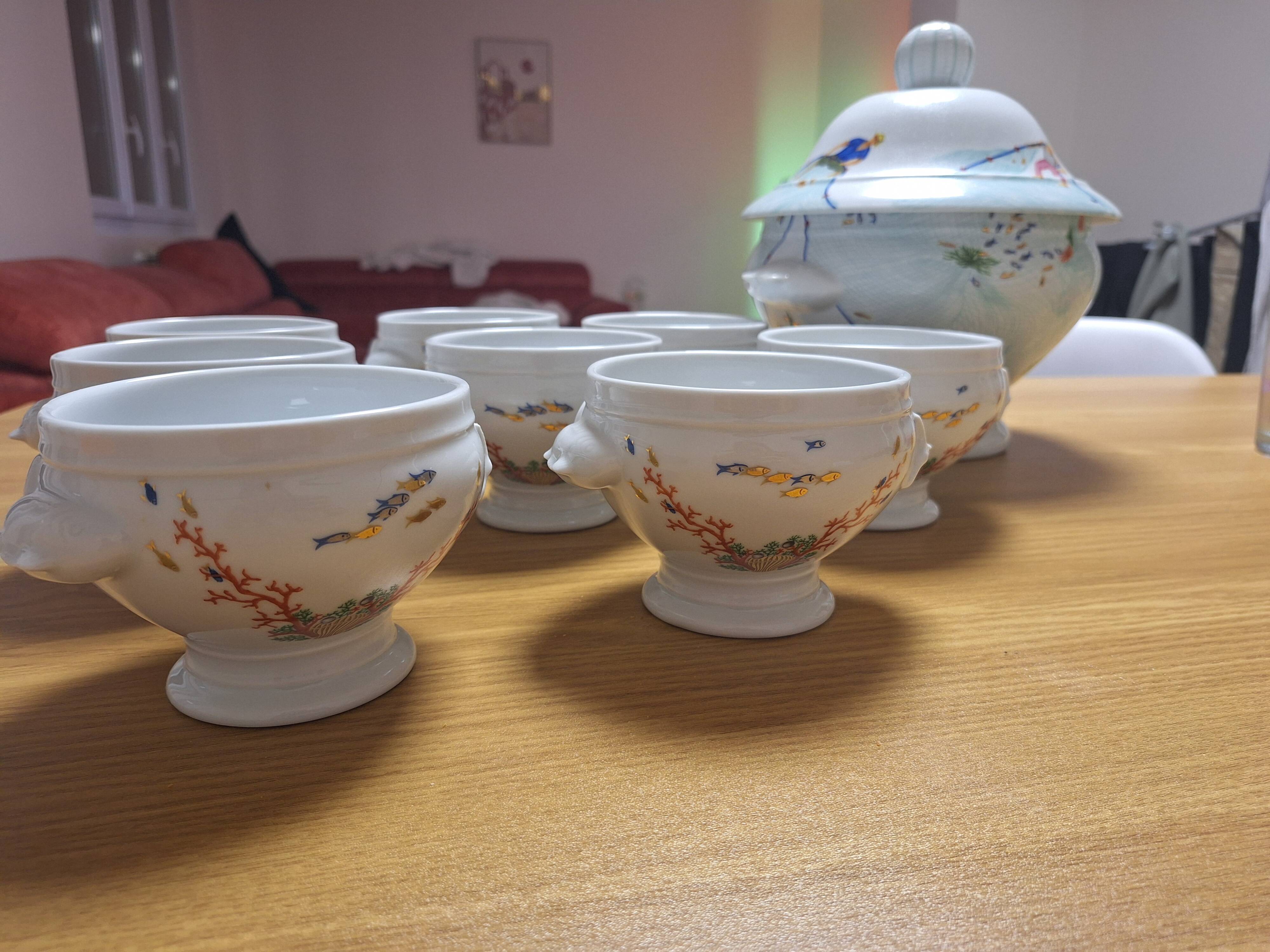 soup tureen + 8 bowls – Philippe Deshoulières “Caribbean Sea” – Porcelain
