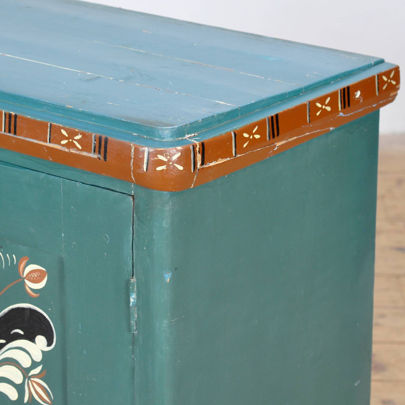 Original antique Swedish cabinet with blue-green folk style painting, dated 1906