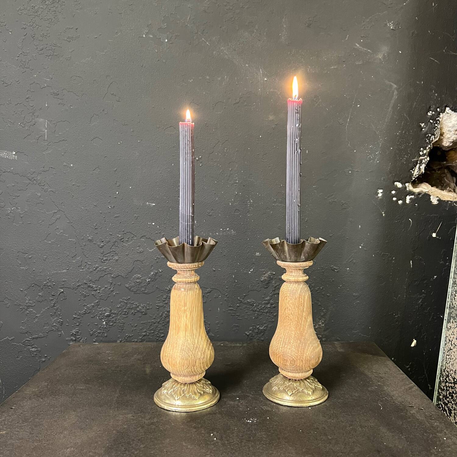 Old oak candle holder with bronze base