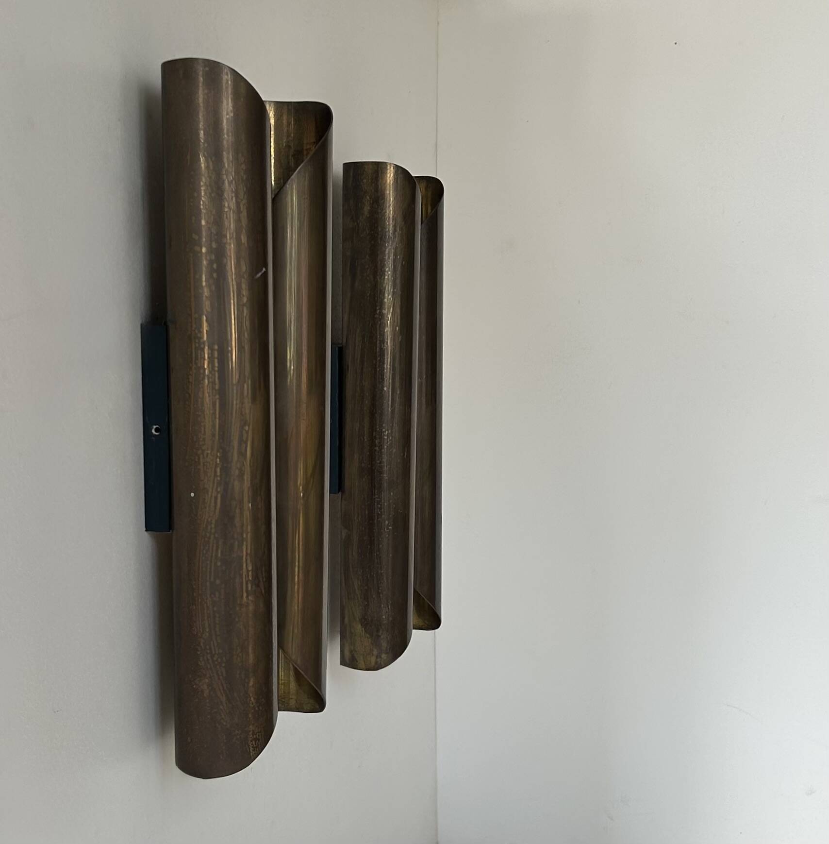 Pair of vintage wall lights in patinated brass, France 1970