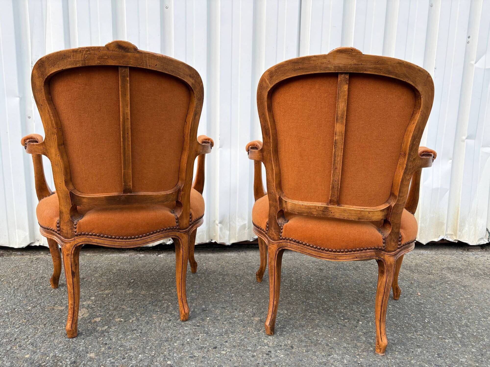 Pair of Louis XV style armchairs in ochre velvet