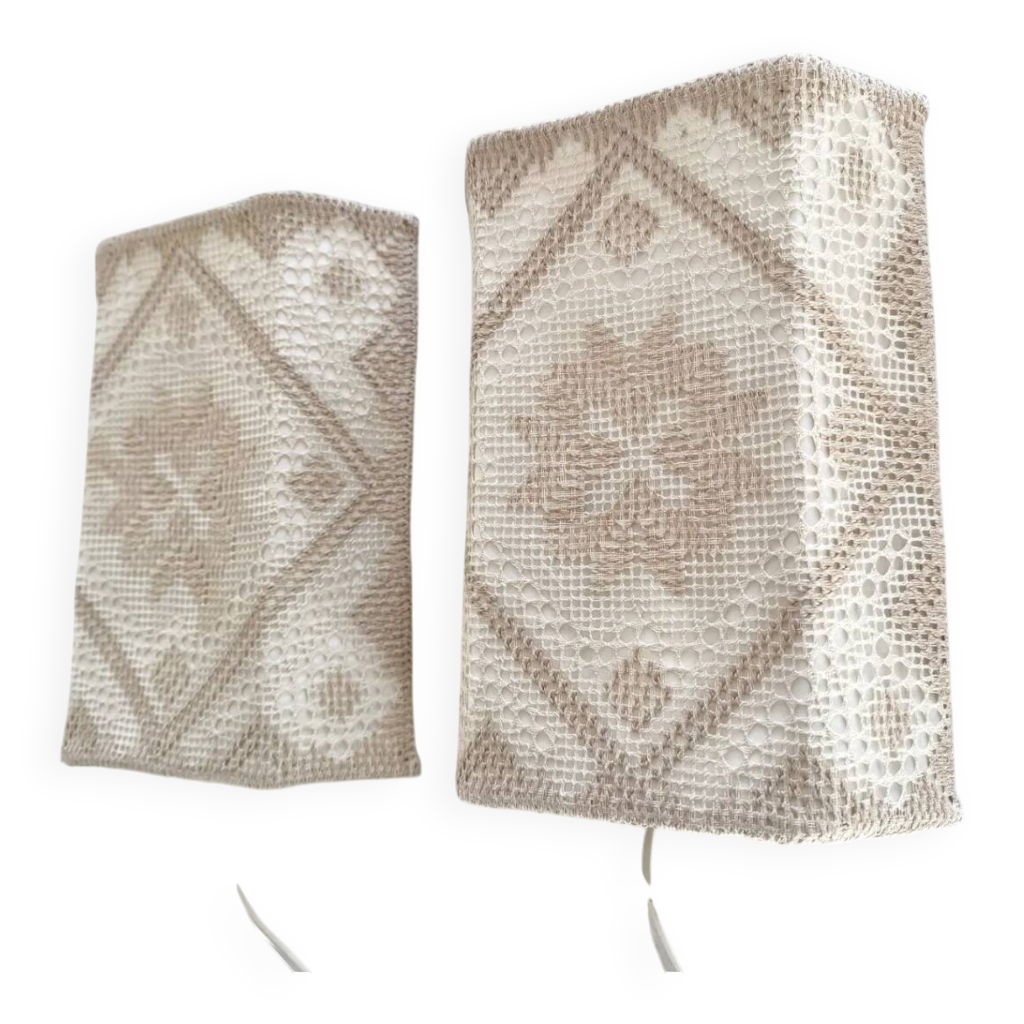Pair swedish vintage crochete textile wall lamp, "näversom" handmade
