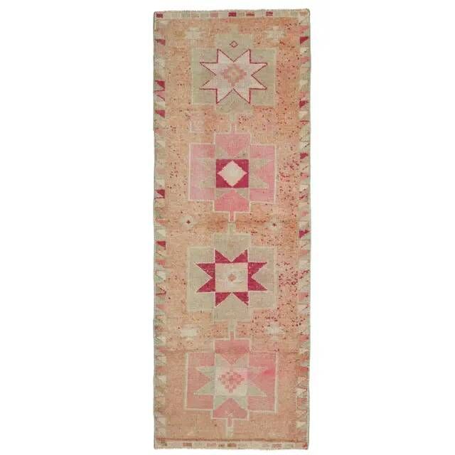 Vintage Turkish Hand-Knotted Wool Cotton Pink Runner Rug 102x300