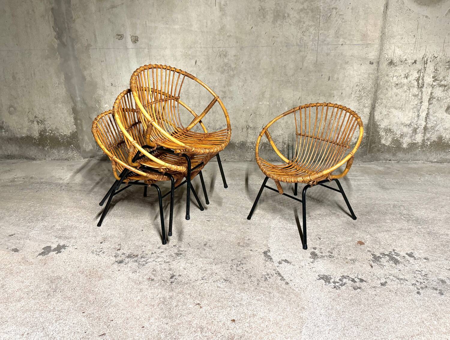 Set of 4 vintage 1950s/60s wicker rattan adult basket armchairs
