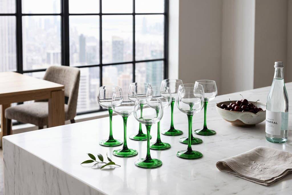Set of 10 vintage green glass wine glasses Luminarc Alsace