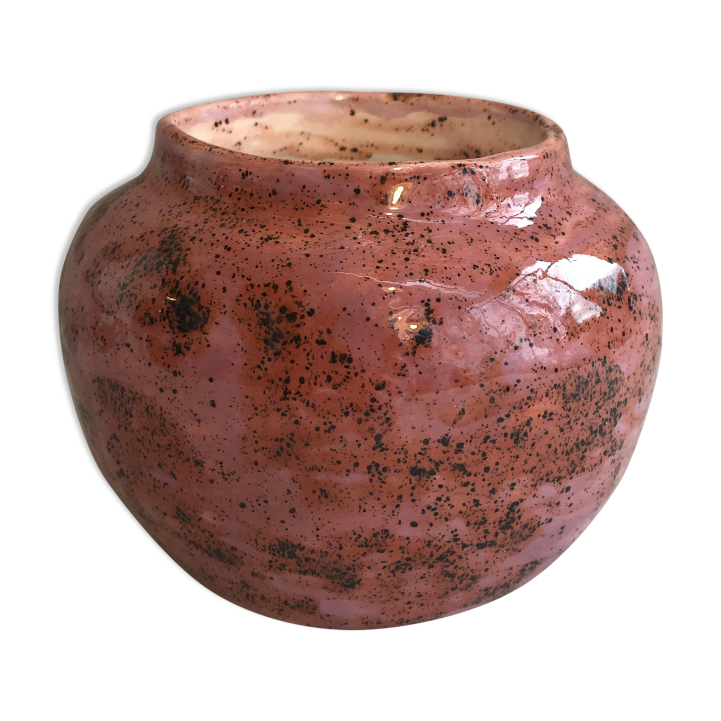 Old ceramic ball vase enamelled rose points vintage black points