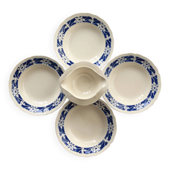 Lot de 4 assiettes creuses fleurs bleues et leur saucière