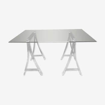 Plexi trestles desk, glass tray. Marais International