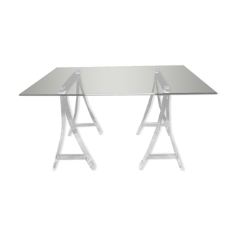 Plexi trestles desk, glass tray. Marais International