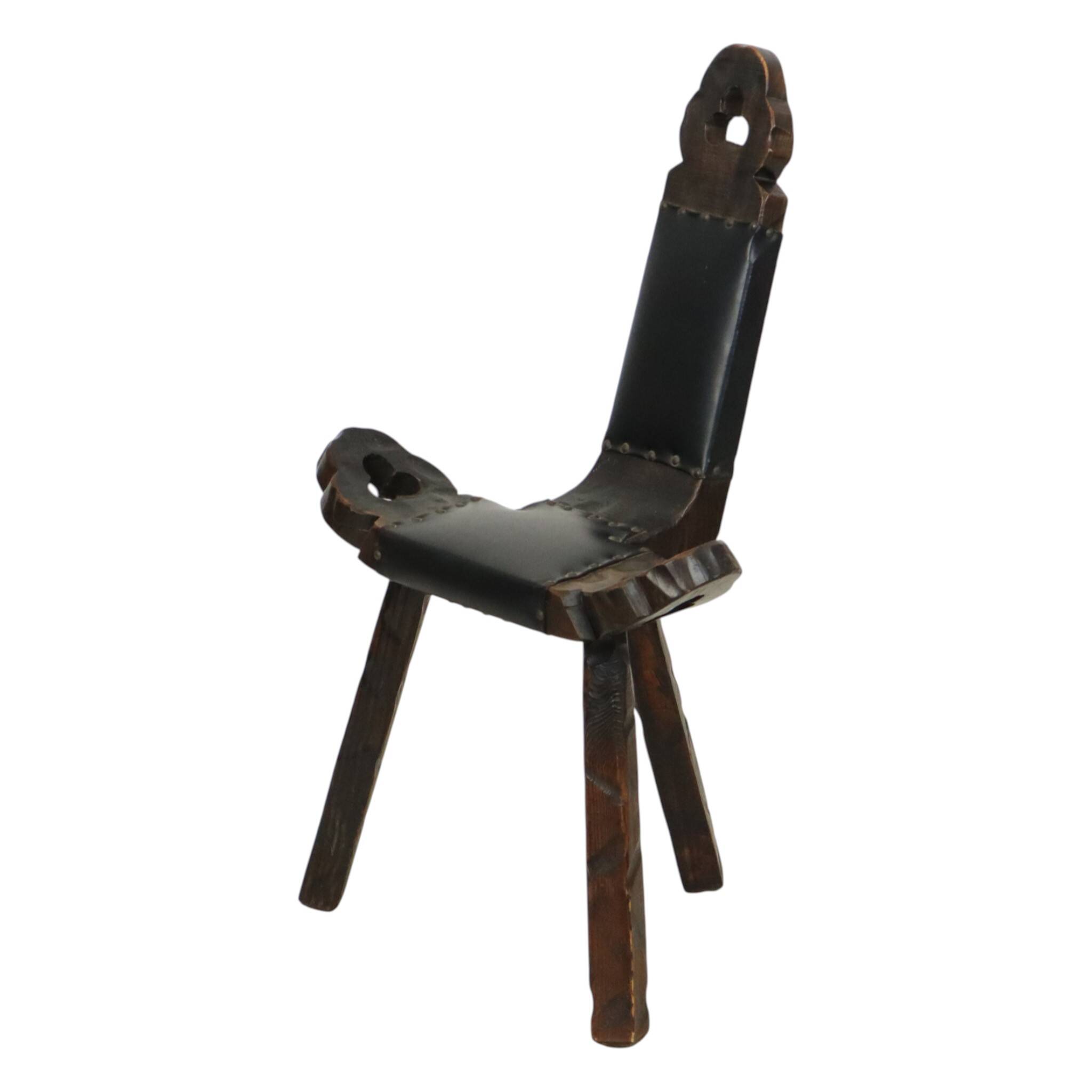 Mid Century Brutalist Tripod Chair Pine Faux Leather Spain