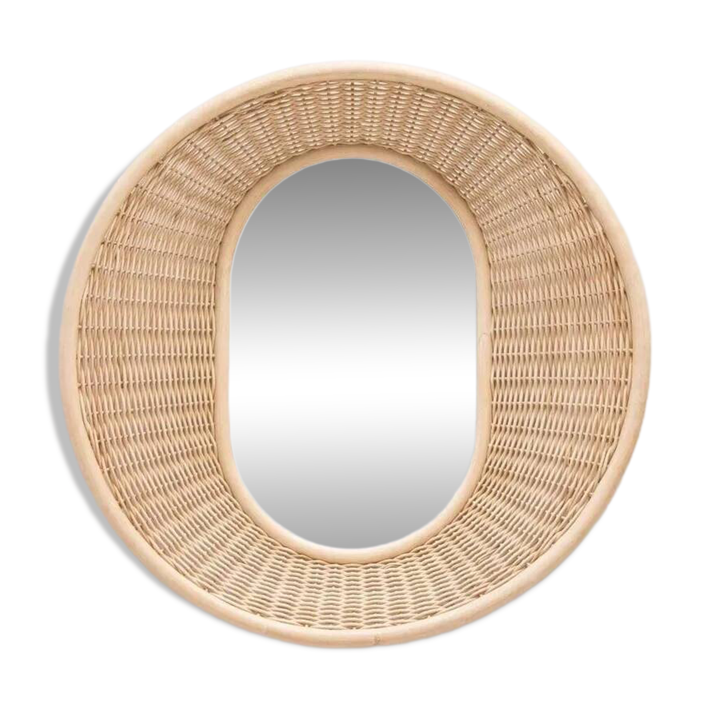 Important round and convex mirror in woven rattan.