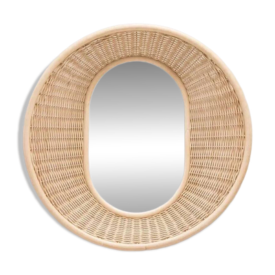 Miroir rond et convexe en rotin tressé