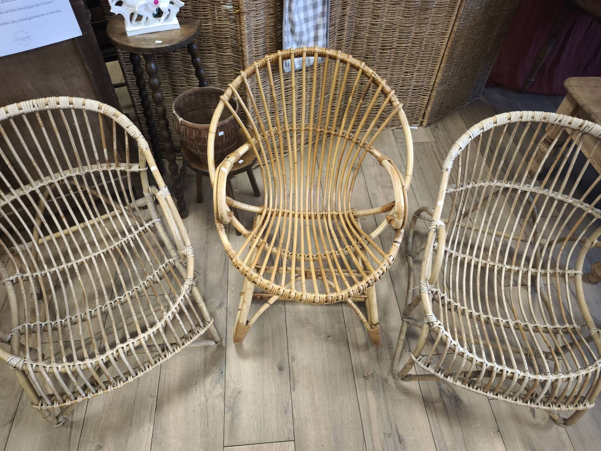 Set of 3 vintage rattan armchairs