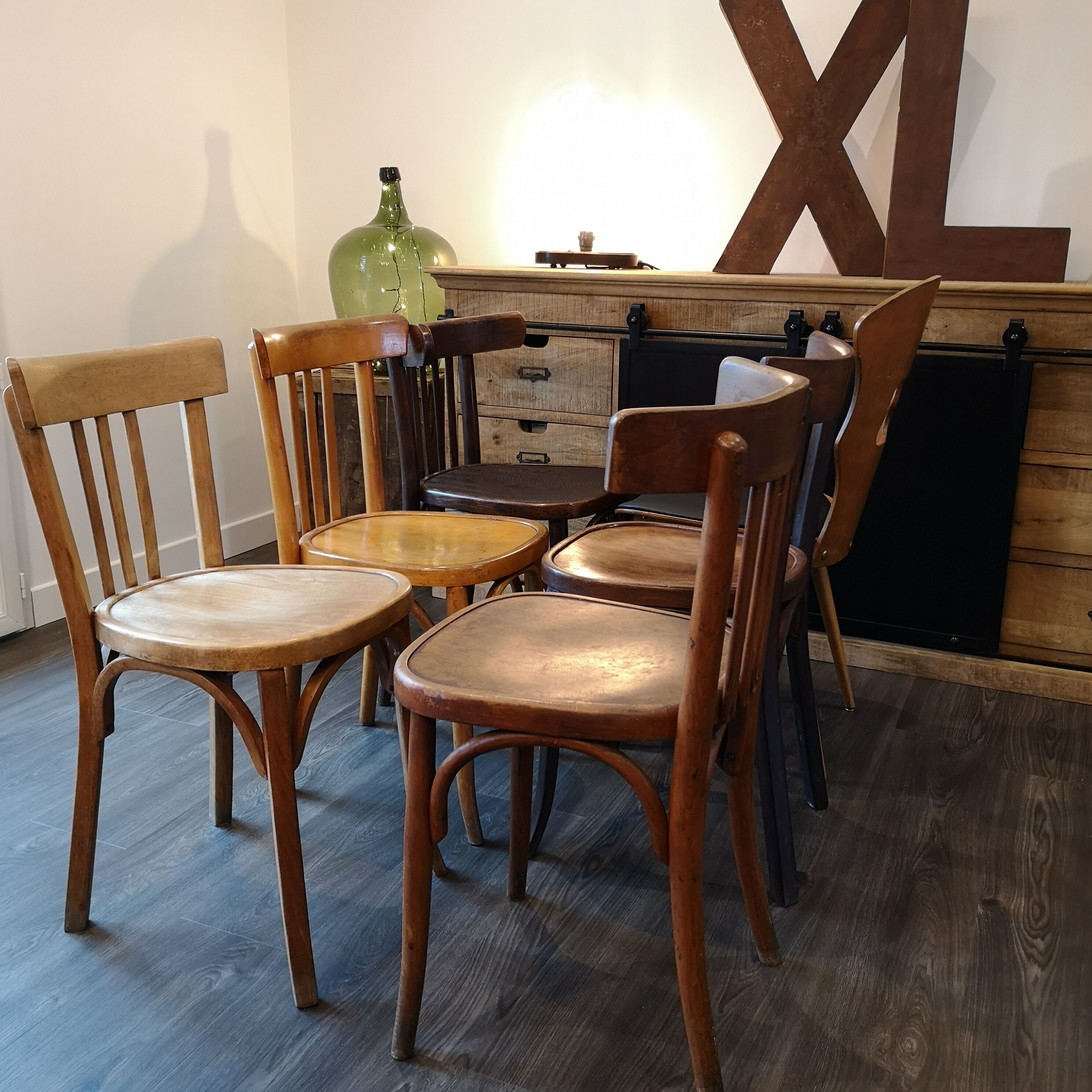 Series of 6 Bistro chairs dismatched Baumann and Fischel