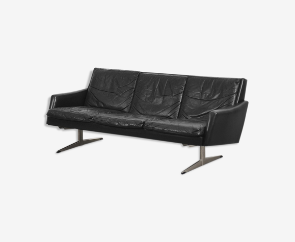 Mid Century Modern Black Leather Scandinavian Sofa 1960s Selency Mid Century Modern Black Leather, Modern Black Leather And Chrome Sofa