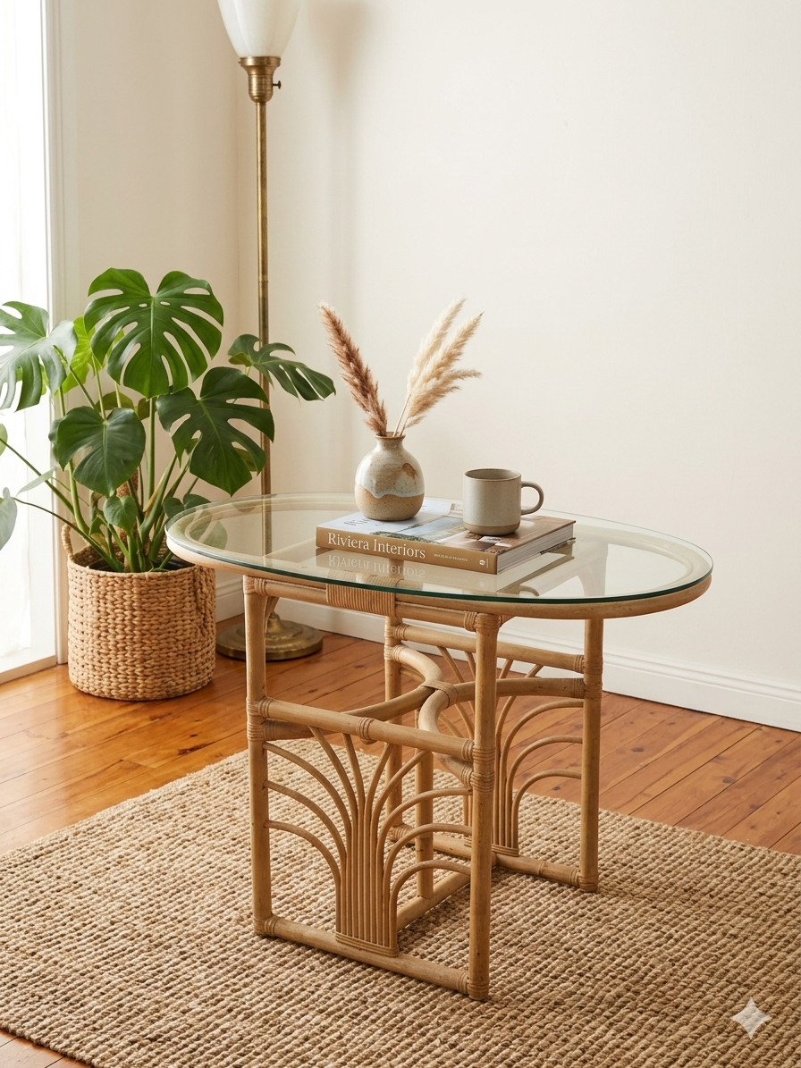 Small oval dining table in rattan "Double Gerbe" – Duo Rivie format