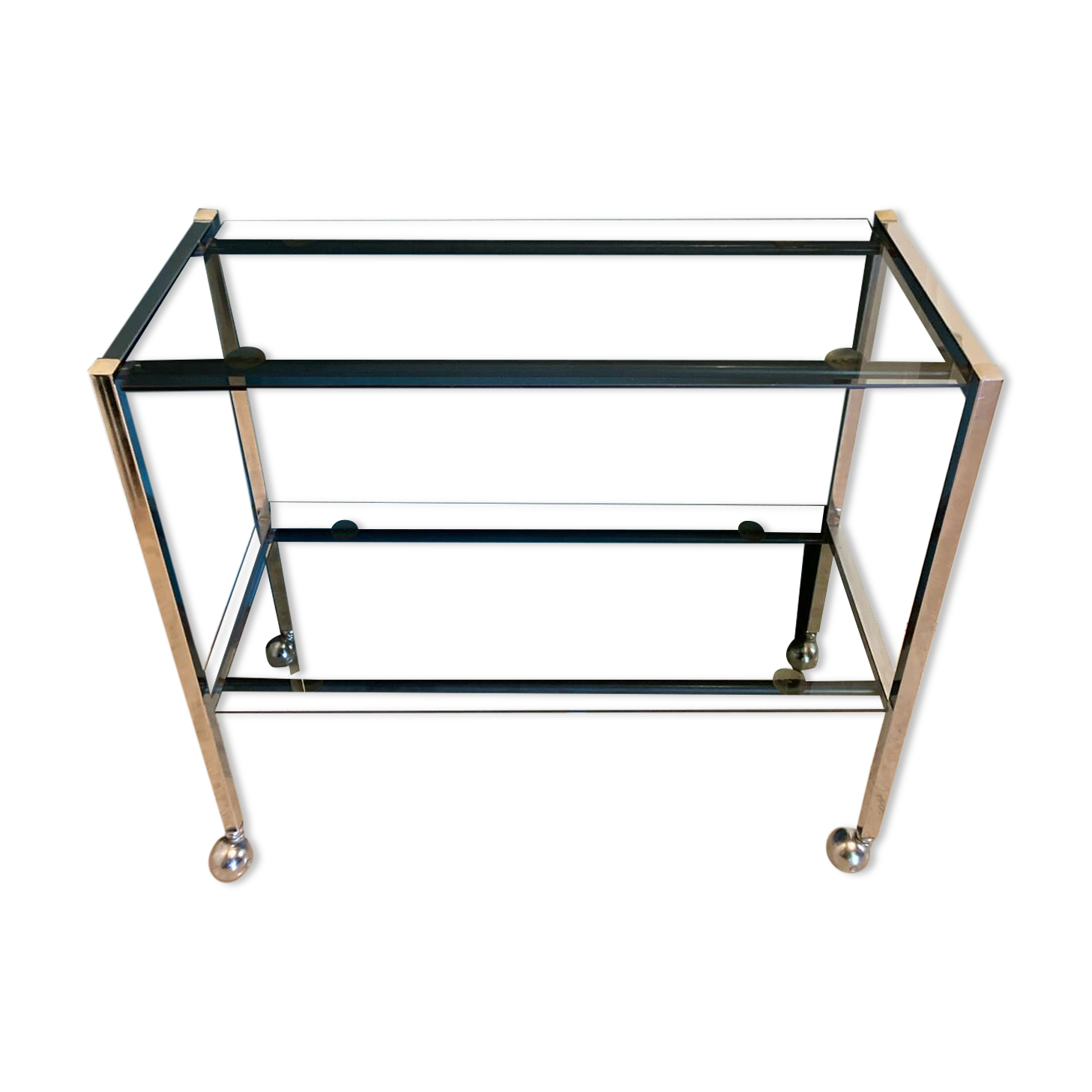 Vintage chrome dessert table, 2 smoked glass trays.