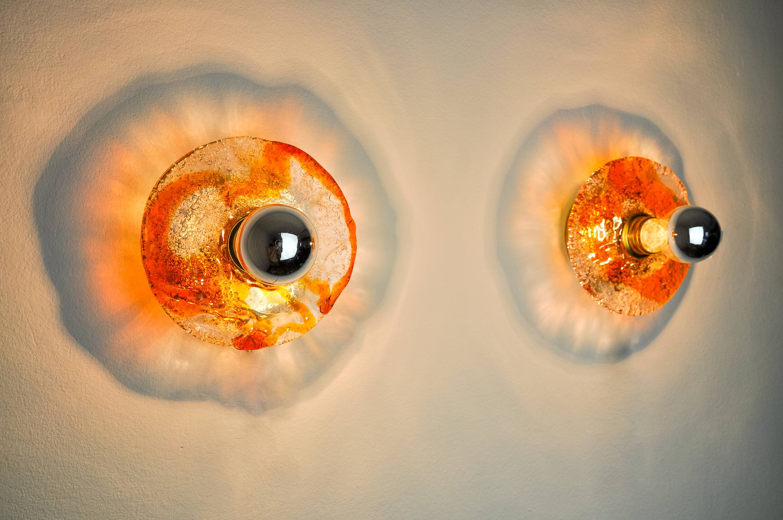 Pair of round wall lights by Murano Mazzega in orange frosted glass, Italy, 1970
