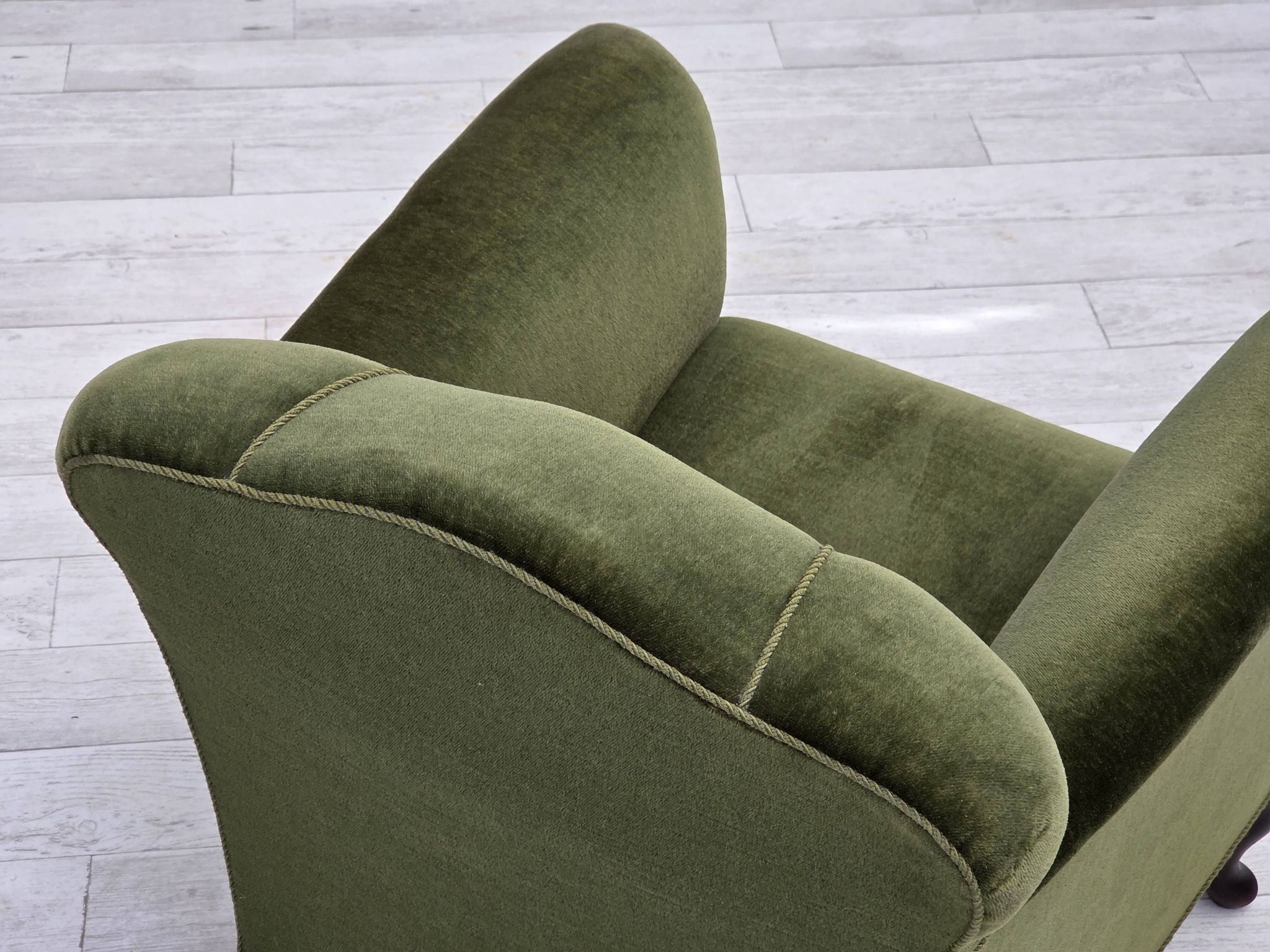 1950s, Danish armchair, green furniture velour, ash wood legs.