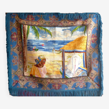 Vintage 80s tapestry - unique - handmade - sea and woman landscape -95*85 cm