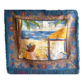 Vintage 80s tapestry - unique - handmade - sea and woman landscape -95*85 cm