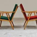 Pair of green-red boomerang armchairs by Antonin Suman for Ton (Thonet) 19