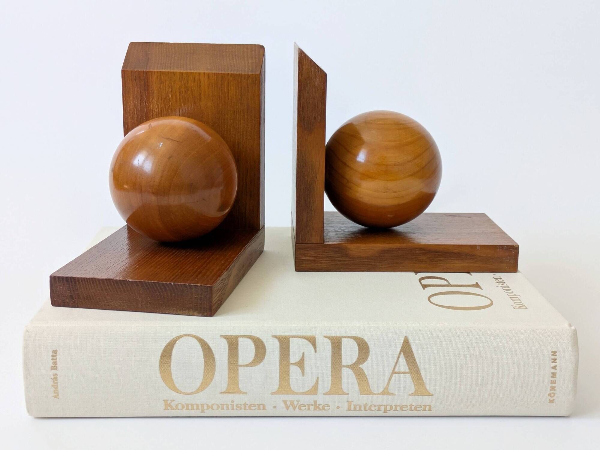 Pair of vintage bookends with polished wooden balls, Art Deco style