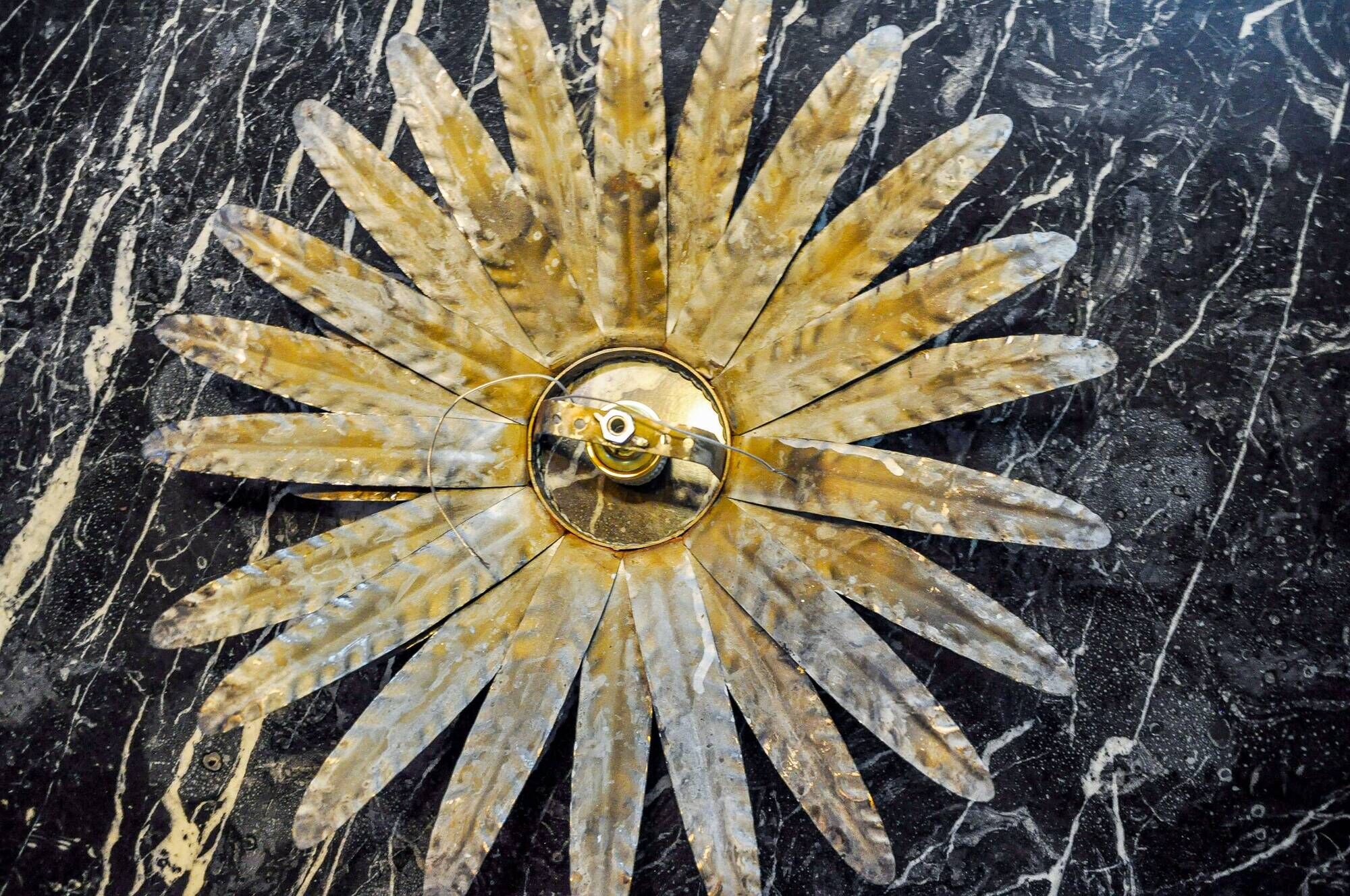 Sun wall lamp by Ferro Arte, metal and gold leaf, Spain 1970