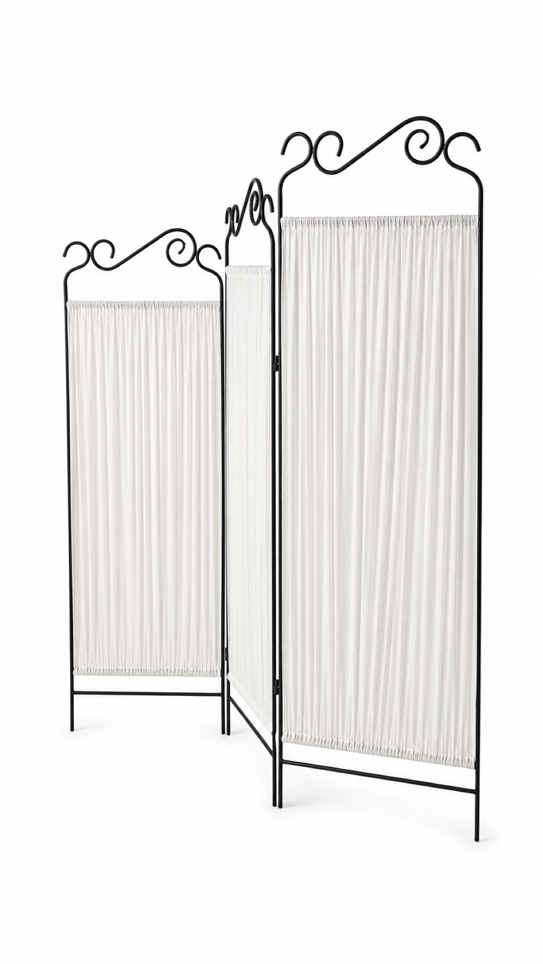 Black wrought iron screen with white fabric, 3 panels with scrolls.