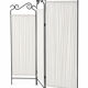 Black wrought iron screen with white fabric, 3 panels with scrolls.