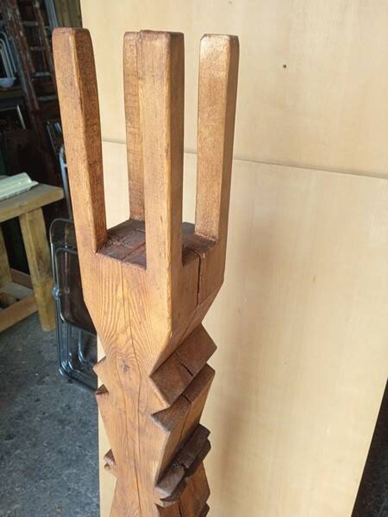 Brutalist ethnic sculpture / Totem, solid wood on base