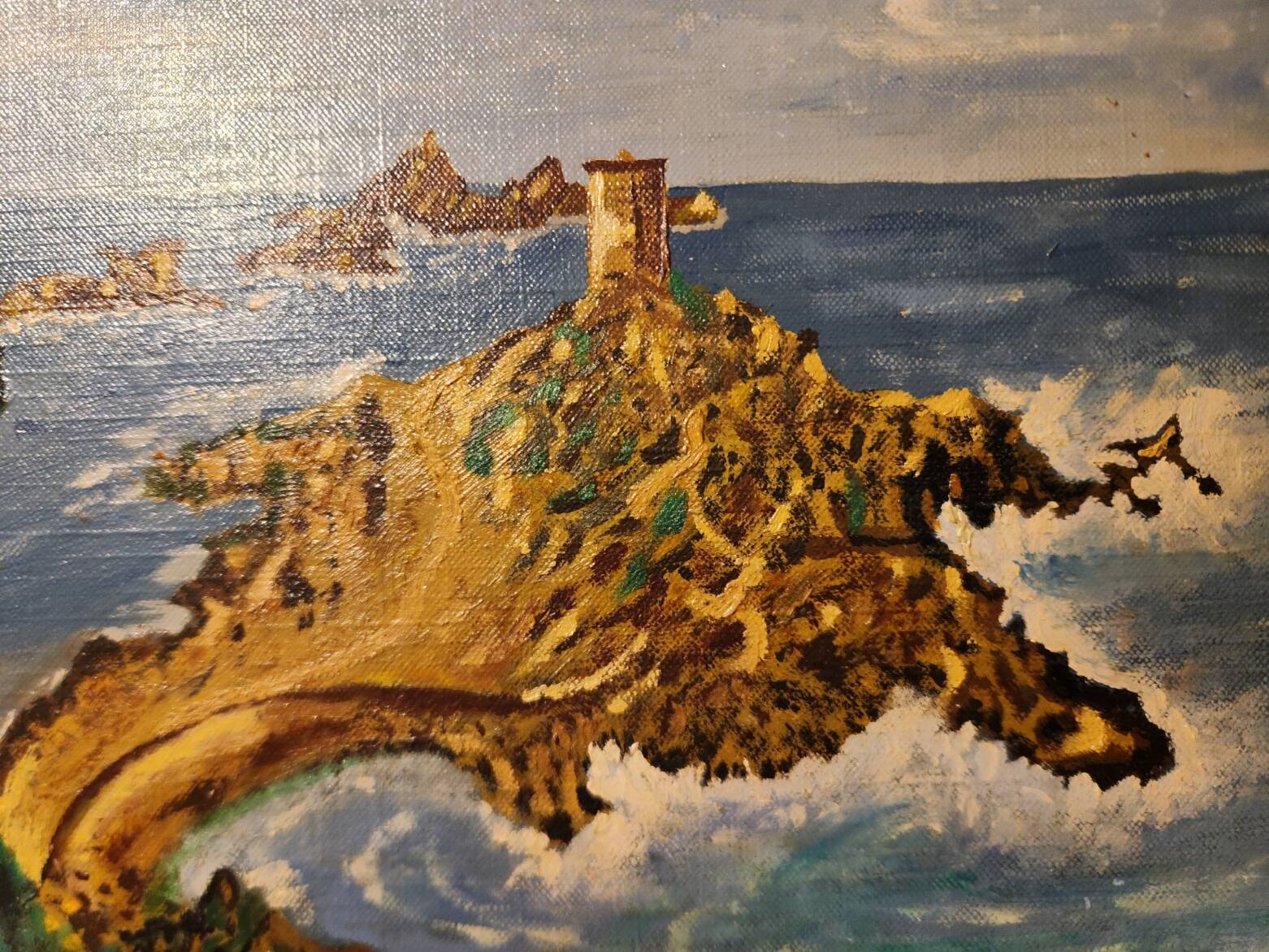 Ancient marine painting on isorel with a wooden frame.