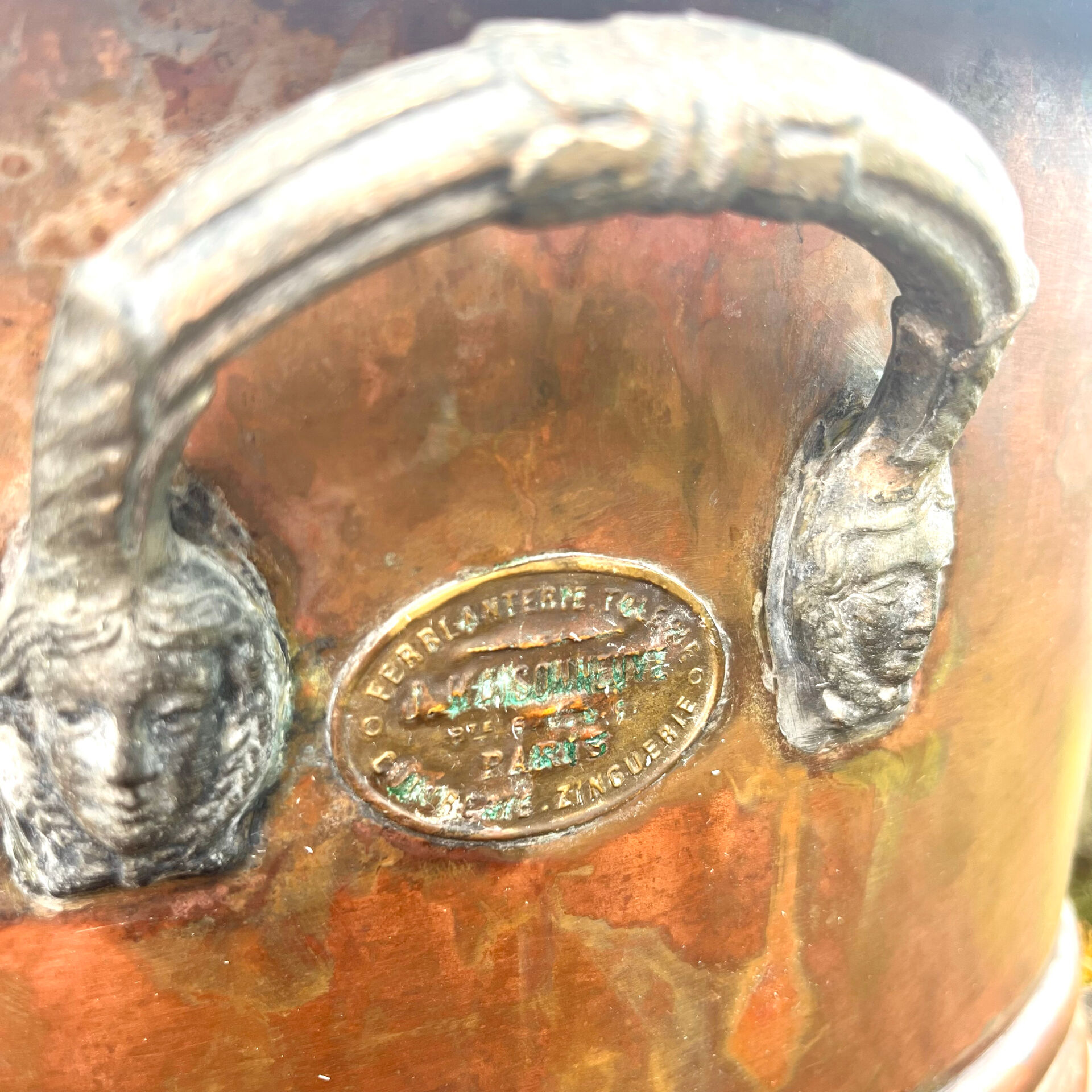 Antique Copper Jardinier, French Vasque, Art Nouveau Mask Handles