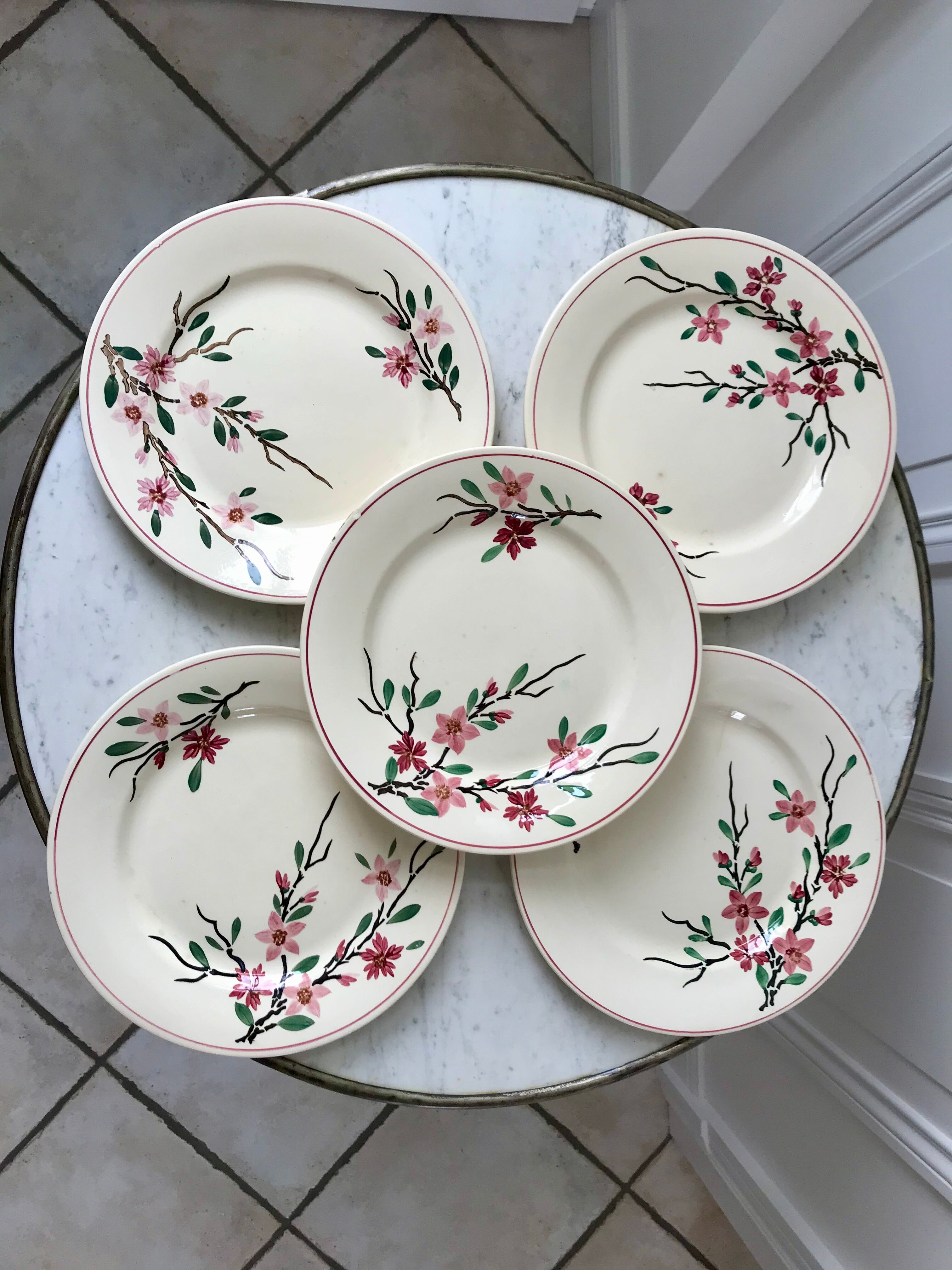 5 flat plates Digoin Sarreguemines model Aigues-Vives hand painted years 30-40