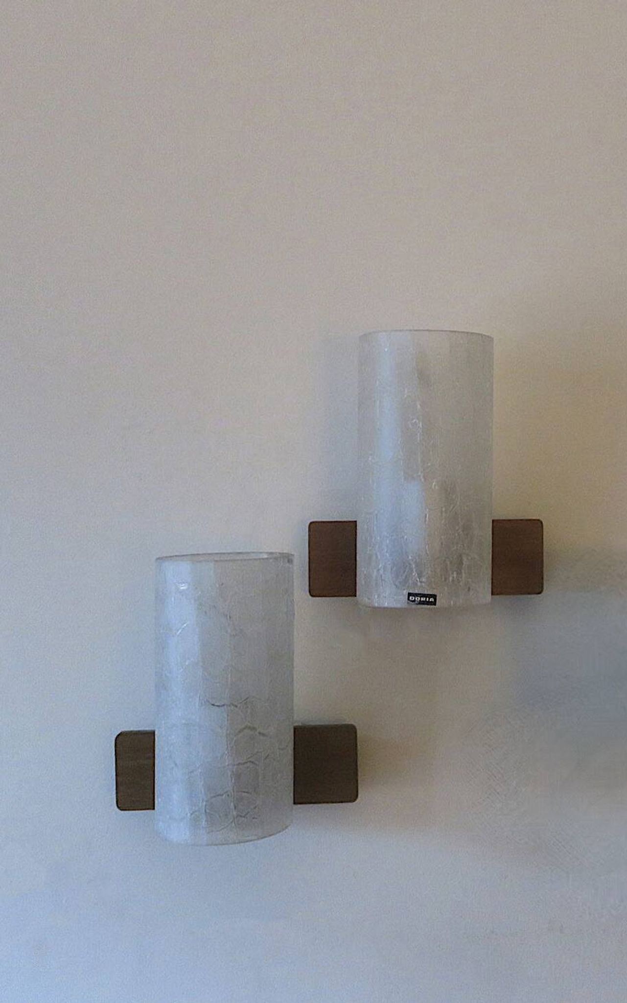 Pair of Doria crackled frosted glass and teak wall lights, 1960s