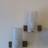 Pair of Doria crackled frosted glass and teak wall lights, 1960s