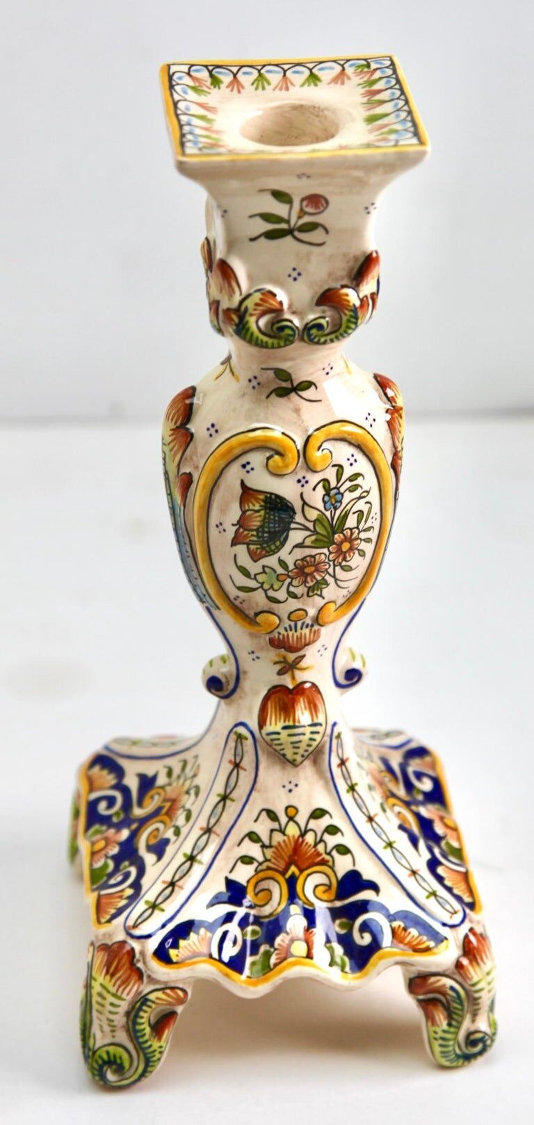 Hand-painted earthenware candle holder from Rouen, France twentieth century